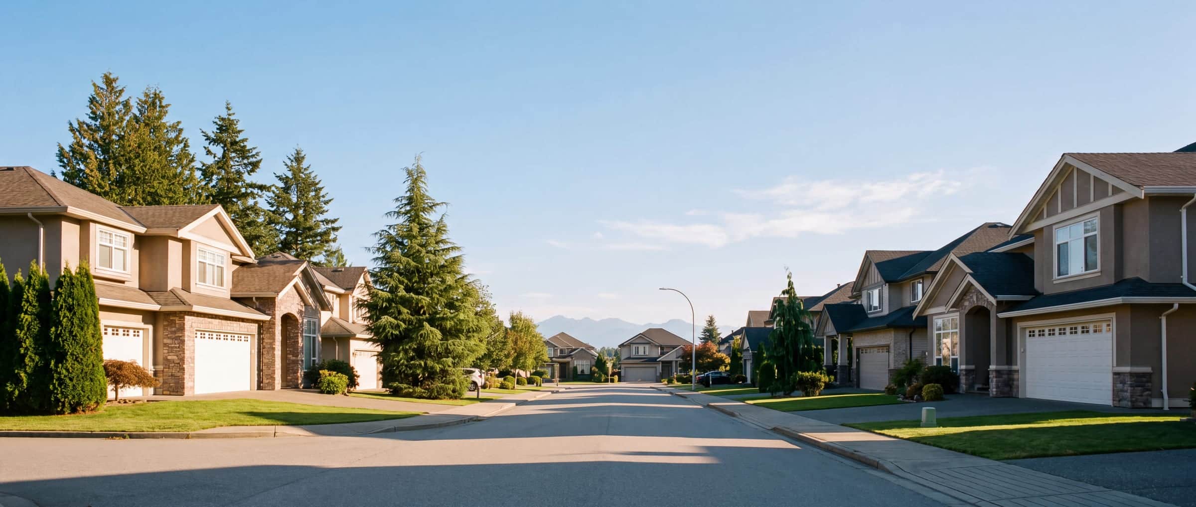 A quiet suburban street of two storey homes with mature cedars, mountains faint on the horizon, in late afternoon light.