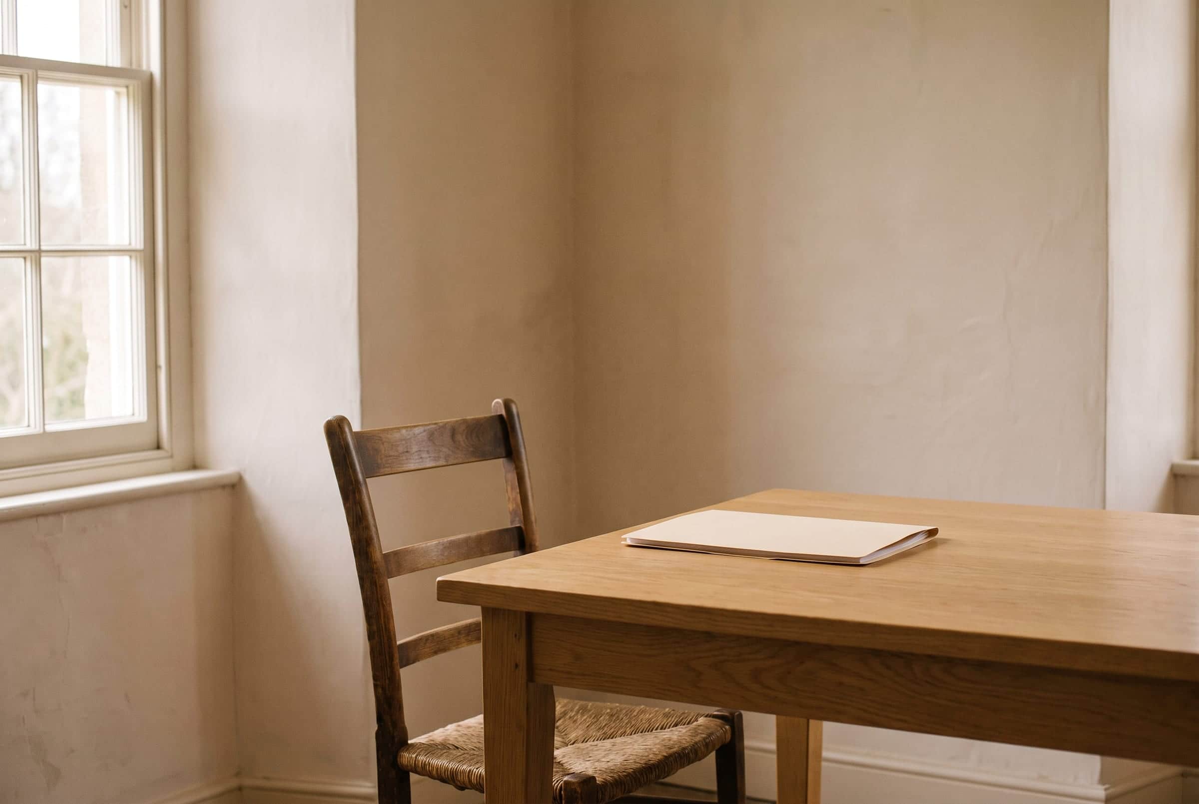 A single wooden chair at a plain oak table beside a bright window, with one closed folder squared on the table.